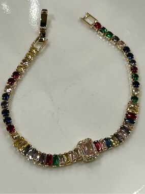 HOLD Gold Multicolor gem stones Cubic Zirconia Tennis Bracelet fold over clasp
